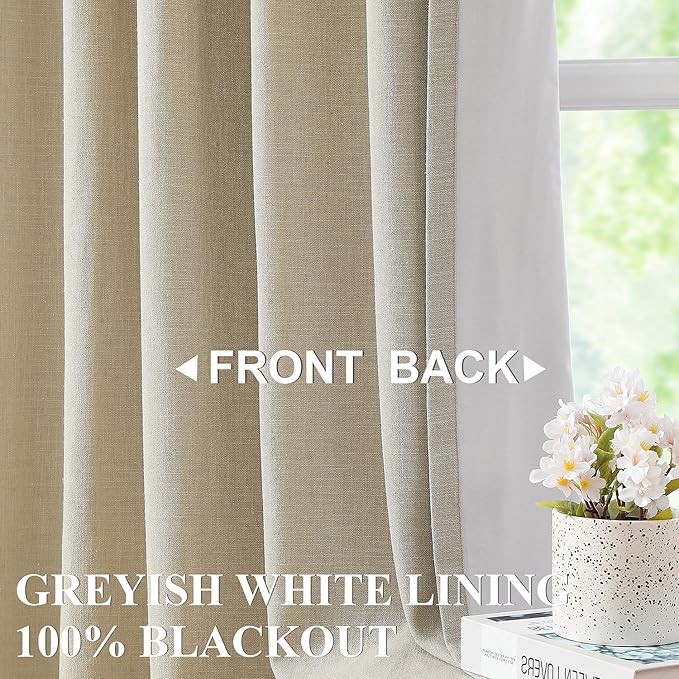 Vision Home Sand Pinch Pleated Full Blackout Curtains Linen Blended Room Darkening Window Curtains 90 inch for Living Room Bedroom Thermal Insulated Pinch Pleat Drapes with Hooks 1 Panel 60" Wx90 L