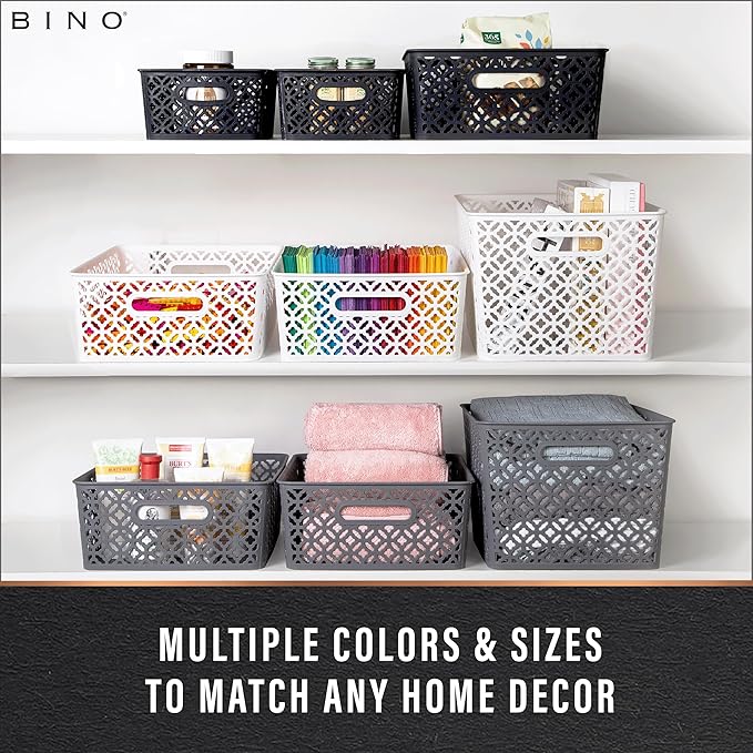 BINO l Plastic Storage Baskets, Large - Black | THE BLOSSOM COLLECTION l Multi-Use Organizer Bin l Built-in Handles l Plastic Woven Basket for Organizing l Pantry & Home Organizing Basket