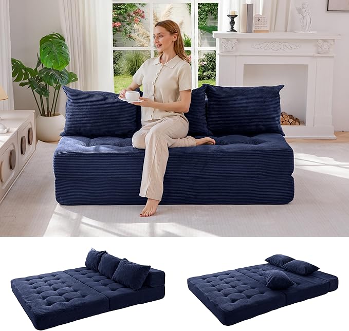 MAXYOYO Folding Sofa Couch, Convertible Floor Sleeper Couch with 3 Pillows, Tufted Floor Oversized Loveseat Couch Tufted Fold Out Chair Bed Comfy Sofa Lounge for Living Room Bedroom, Navy