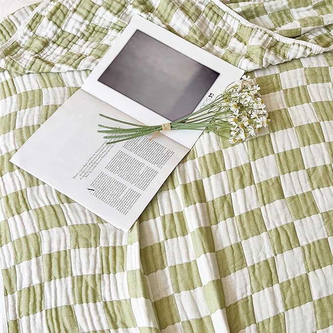 SANACYNA 100% Cotton Muslin Blanket 6-Layer Gauze Green Grid Bed Blanket Lightweight Soft and Breathable Swaddle Blanket for Crib Couch Bed Keep Warm (Green Checkerboard, Baby 30"x40")