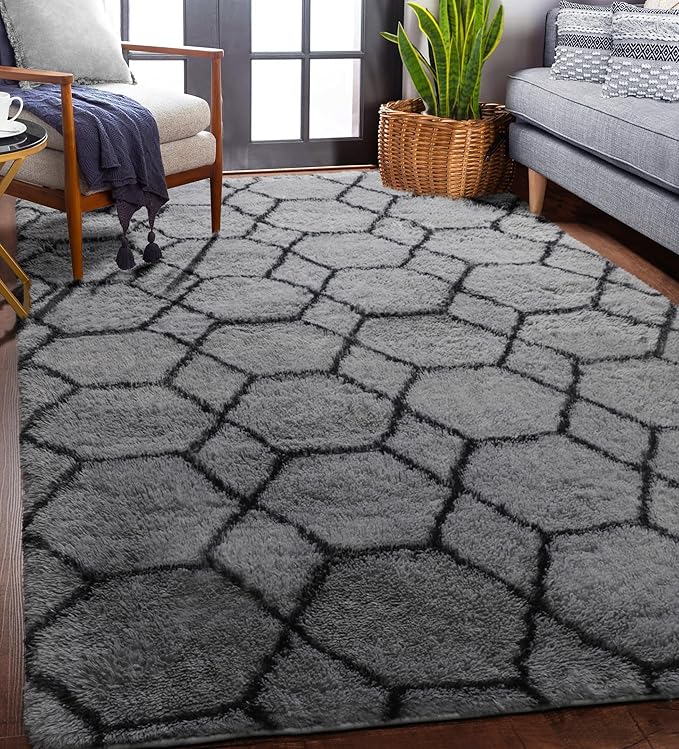 ONASAR Area Rugs for Bedroom Living Room, 4x6 Fluffy Grey and Black Rug, Shaggy Geometric Floor Mat for Home Decor Aesthetic, Soft Plush Fuzzy Carpet for Nursery Kids Teen Dorm