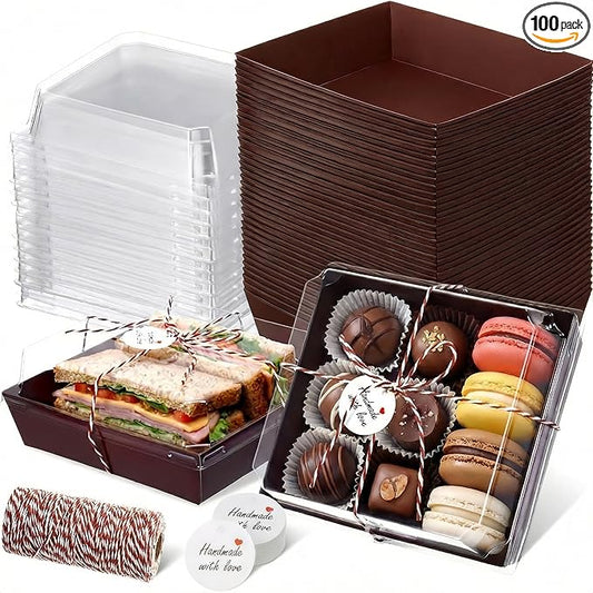 Outus 100 Pack Charcuterie Boxes with Clear Lids, 5.7 x 5.1 '', Mother 's Day Back to School Paper Food Containers Cake Take out Bakery Boxes with Gift Tags Rope for Desserts(Coffee Brown,Classic)
