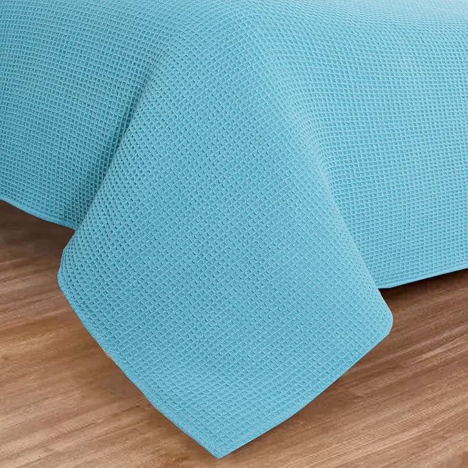 Bed & Bath Home Premium 100% Cotton Waffle Weave Blanket Twin Size – Soft Breathable Lightweight Comfort, Natural All-Season Bed Blanket, Easy-Care Bedspread for Bed & Couch (Blue)