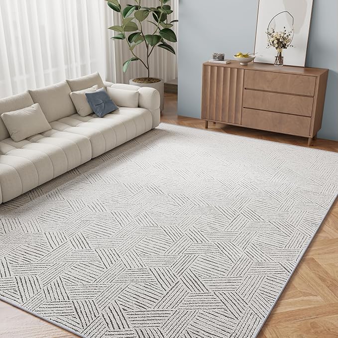 NICETOWN 8x10 White Area Rug for Bedroom, Jacquard Large Thin Washable Rug for Living Room Non-Slip Door Mat, Ultra Soft for Bedroom Living Room Kitchen Home Office, White and Grey