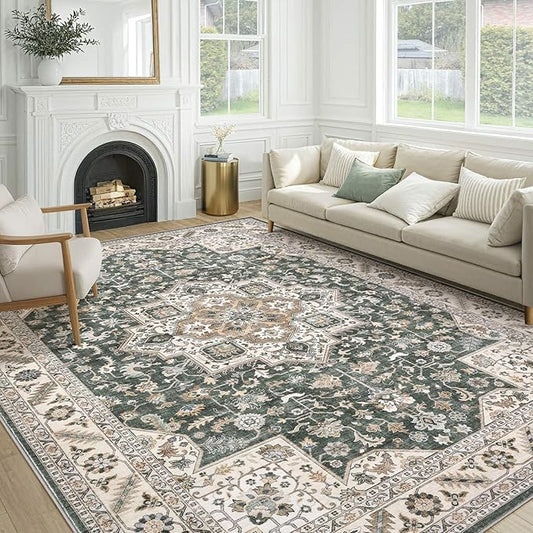 Vintage Living Room Area Rug 10x12 - Large Soft Washable Oriental Traditional Distressed Farmhouse Rugs for Bedroom - Indoor Floor Accent Carpet for Home Office House Decor - Vintage Green