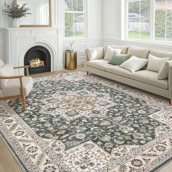 Vintage Living Room Area Rug 9x12 - Large Soft Washable Oriental Traditional Distressed Farmhouse Rugs for Bedroom - Indoor Floor Accent Carpet for Home Office House Decor - Vintage Green