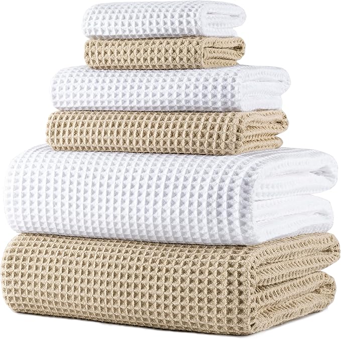 430 GSM Microfiber Quick Dry Lint Free Oversize Bath Towel Set, 6 Piece (Waffle Weave)