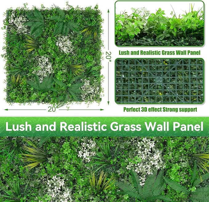 20"x20" Grass Wall Panels, 8PCS Artificial Greenery Backdrop Wall with UV Resistant Leaves, Faux Green Wall Decor for Outdoor Indoor Patio Garden Backyard