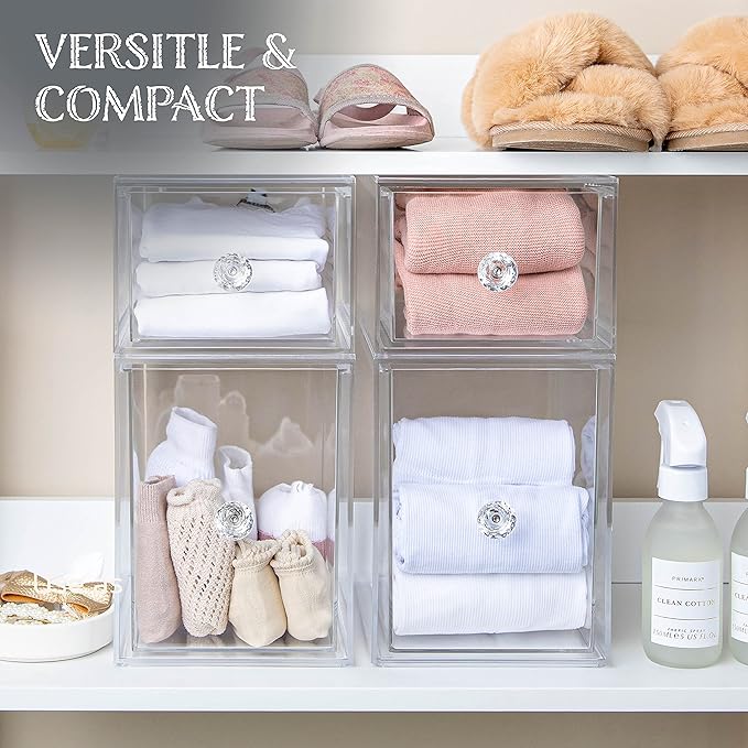 Oizeir Clear Drawer Organizers - Acrylic, Durable, Stackable, Pull-Out Drawer - Great for Medicine, Cosmetics, Makeup and Bathroom Organization (8" High | 2-PACK)