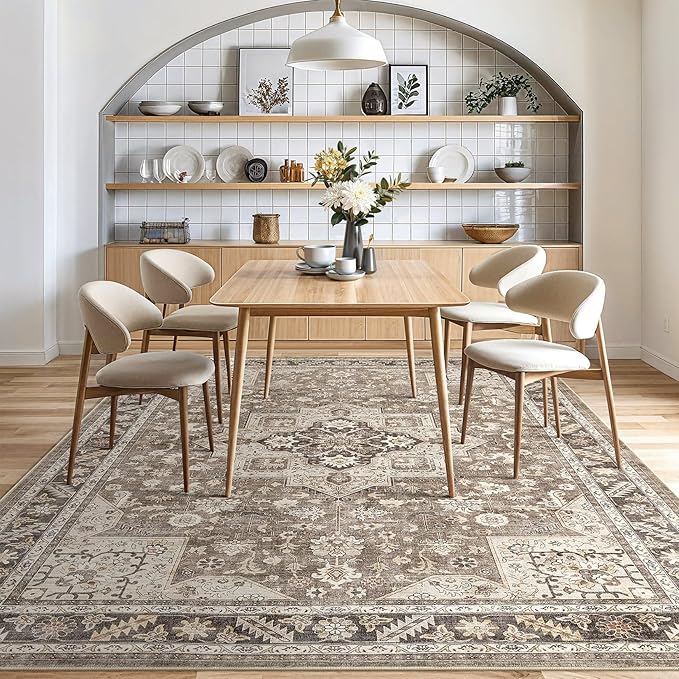 Vintage Living Room Area Rug 10x14 - Large Soft Washable Oriental Traditional Distressed Farmhouse Rugs for Bedroom - Indoor Floor Accent Carpet for Home Office House Decor - Brown