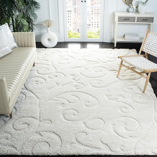 SAFAVIEH Area Rug 9x12 - Florida Shag Collection - Large - Cream & Cream, Scroll Design, Non-Shedding & Easy to Clean, High-Low Plush Pile, Ideal for Living Room, Bedroom, Dining Space (SG455-1111)