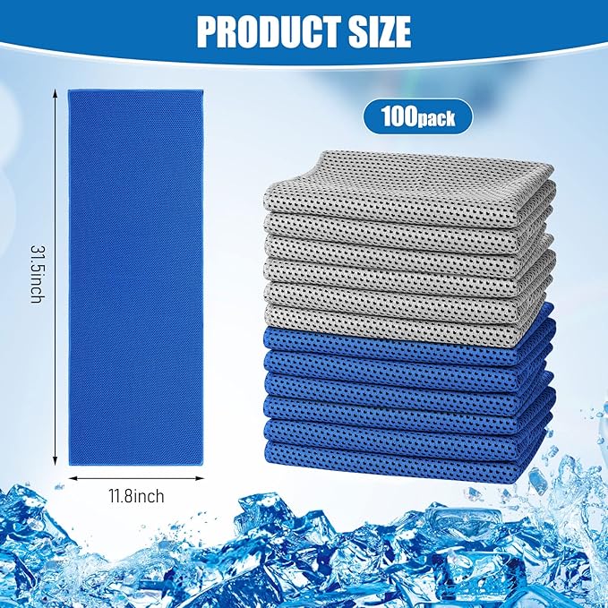 100 Pack Cooling Towel - Microfiber Cold Sports Sweat Rags Neck & Face Breathable Ice Chilly Towel for Gym Yoga Golf Workout Beach Accessories