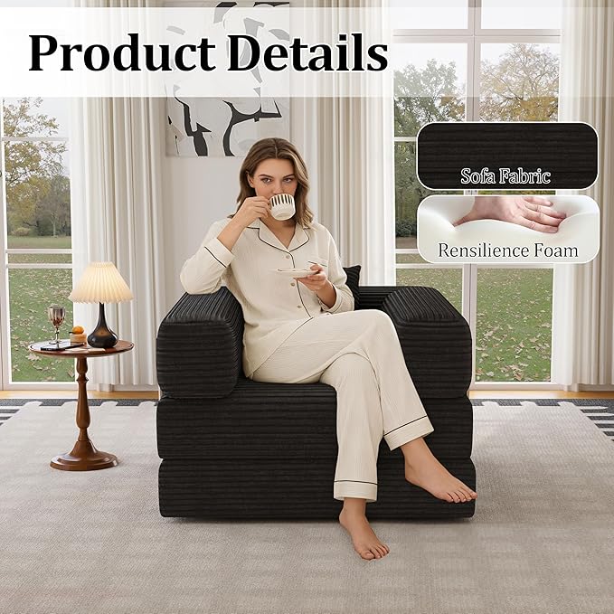 Folding Sofa Bed, 2 in 1 Convertible Sofas Lounger Comfy Single Chair Teddy Fabric Compressed Couch,Boneless FoldingSleeper for Living Room, Guest Bed, Playroom (Black, 35.43" Single Sofa)