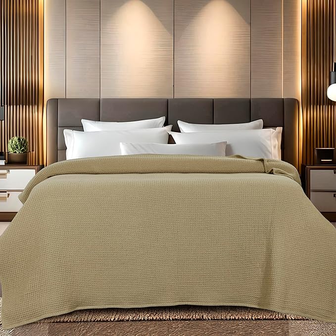 Bed & Bath Home Premium 100% Cotton Waffle Weave Blanket King Size – Soft Breathable Lightweight Comfort, Natural All-Season Bed Blanket, Easy-Care Bedspread for Bed & Couch (Khaki)