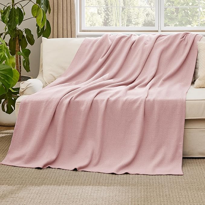 Bedsure GentleSoft 100% Cotton Large Throw Blanket for Couch 50x70 inches - Breathable and Lightweight, Soft Cozy Herringbone Woven Cotton Throw for Summer Spring, Pink Office Chair Blanket