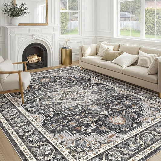 Vintage Living Room Area Rug 8x10 - Large Soft Washable Oriental Traditional Distressed Farmhouse Rugs for Bedroom - Indoor Floor Accent Carpet for Home Office House Decor - Black