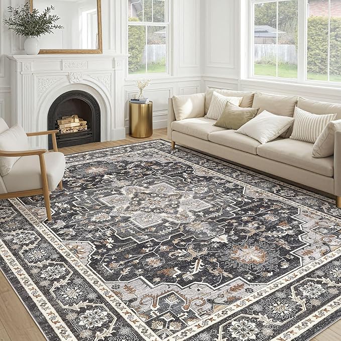 Vintage Living Room Area Rug 10x12 - Large Soft Washable Oriental Traditional Distressed Farmhouse Rugs for Bedroom - Indoor Floor Accent Carpet for Home Office House Decor - Black