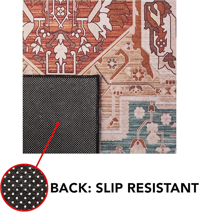 SAFAVIEH Washable Rug Tucson Collection - 2'6' x 8' Runner, Aqua & Rust, Slip Resistant & Easy to Clean, Ideal for Hallway, Foyer, Entryway, Bedroom (TSN150J)