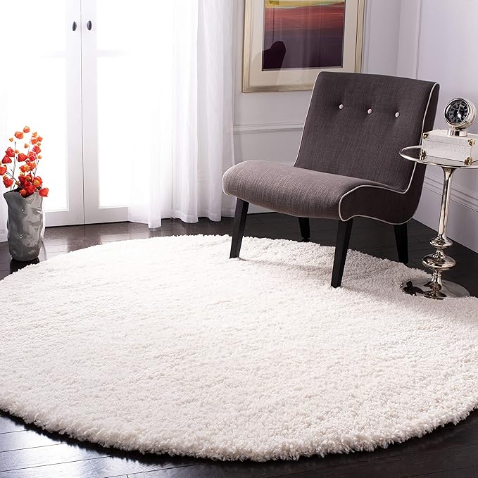 SAFAVIEH Fontana Shag Collection Area Rug - 8' Round, Ivory, Solid Design, Non-Shedding & Easy Care, 2-inch Thick Ideal for High Traffic Areas in Living Room, Bedroom (FNT800A)