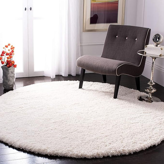 SAFAVIEH Fontana Shag Collection Area Rug - 5'3" Round, Ivory, Solid Design, Non-Shedding & Easy Care, 2-inch Thick Ideal for High Traffic Areas in Living Room, Bedroom (FNT800A)