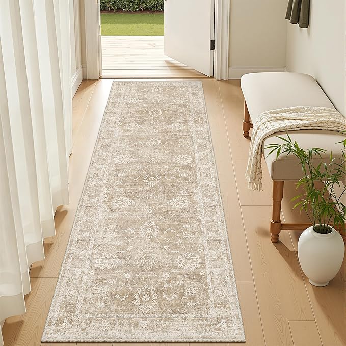 Madane 2x6 Runner Rug for Kitchen, Washable Vintage Hallway Rug with Non-Slip Rubber Backing, Soft Low Pile Throw Carpet Runner for Entryway Laundry Bathroom Bedroom Living Room (2 x 6, Beige/Brown)