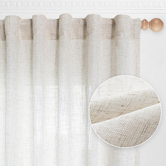 MYSKY HOME Linen Curtains for Sliding Door, Farmhouse Semi Sheer Ceiling Curtains Living Room Light Filtering Back Tab Elegant Style Soft Fabric, 50" x 95", Linen, 2 Panels