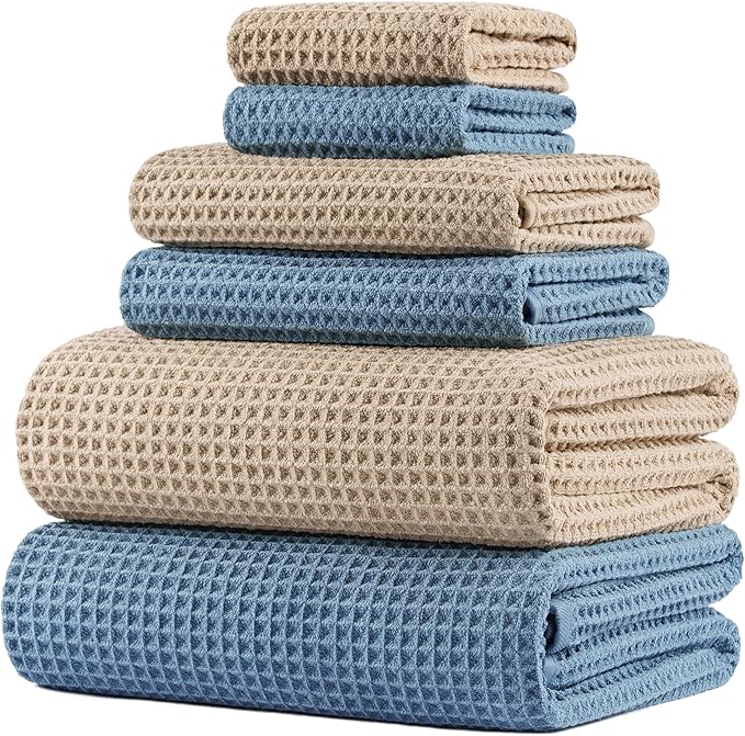 430 GSM Microfiber Quick Dry Lint Free Oversize Bath Towel Set, 6 Piece (Waffle Weave)