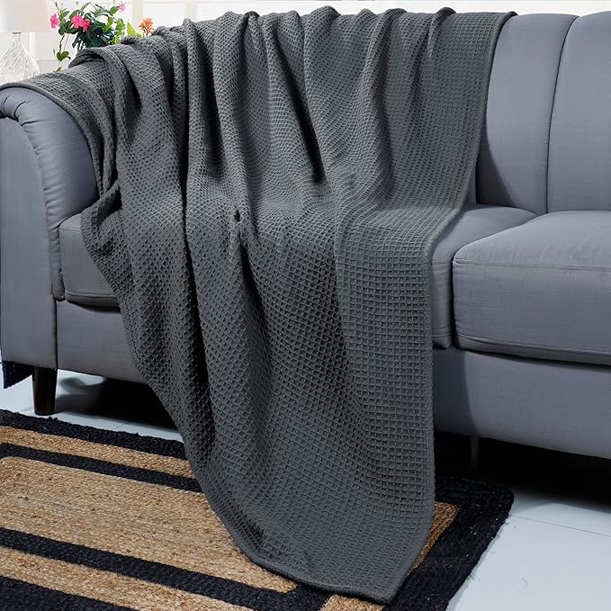 Bed & Bath Home Premium 100% Cotton Waffle Weave Blanket Queen Size – Soft Breathable Lightweight Comfort, Natural All-Season Bed Blanket, Easy-Care Bedspread for Bed & Couch (Grey)