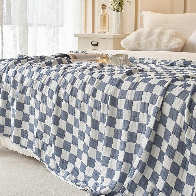 Ultra Soft Cozy 6-Layer Checkered Muslin Blankets for Adults 100% Cotton King Size 90"x104" Bed Blanket Breathable Lightweight Suitable for All Seasons Both Sides Blue