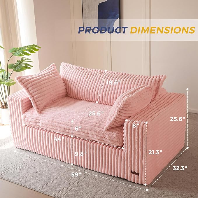 MAXYOYO 59" Bean Bag Sofa Couch, Loveseat Boneless Couch in a Box, Upholstered Small Mini Sofa with Deep Seating for Living Room Bedroom Office Apartment, No Assembly, Pink