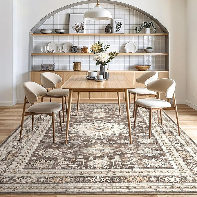 Vintage Living Room Area Rug 8X11 - Large Soft Washable Oriental Traditional Distressed Farmhouse Rugs for Bedroom - Indoor Floor Accent Carpet for Home Office House Decor - Dark Brown
