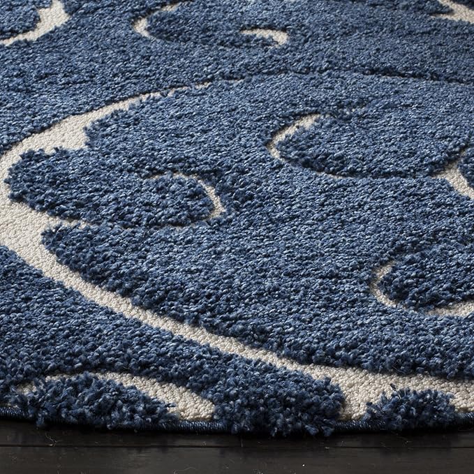 SAFAVIEH Florida Shag Collection Area Rug - 8' Round, Dark Blue & Cream, Scroll Design, Non-Shedding & Easy to Clean, High-Low Plush Pile, Ideal for Living Room, Bedroom, Dining Space (SG455-6511)
