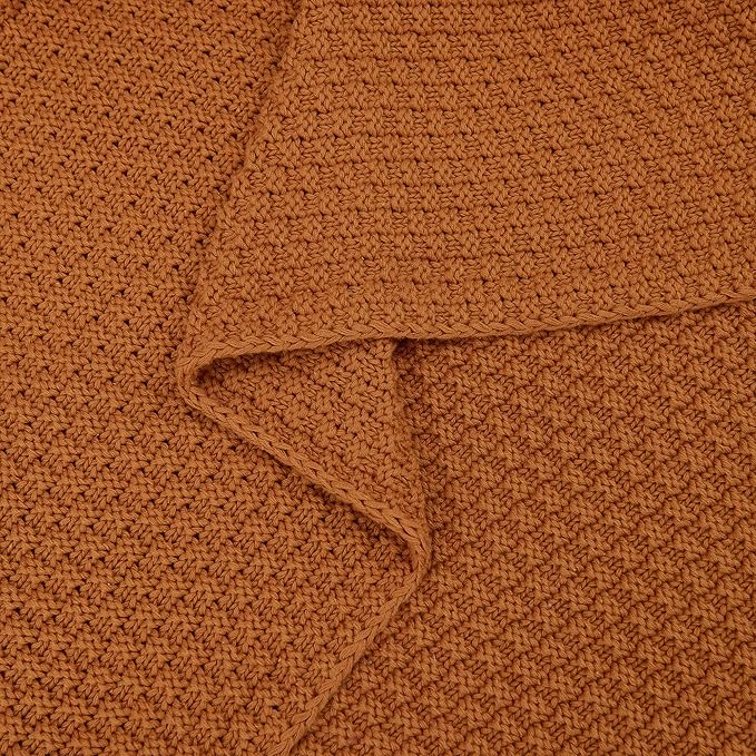 Longhui bedding Burnt Orange Knitted Throw Blanket for Couch, Soft, Cozy Machine Washable 100% Cotton Sofa Knit Blankets, Heavy 3.0lb Weight, 51 x 63 Inches, Laundry Bag Included