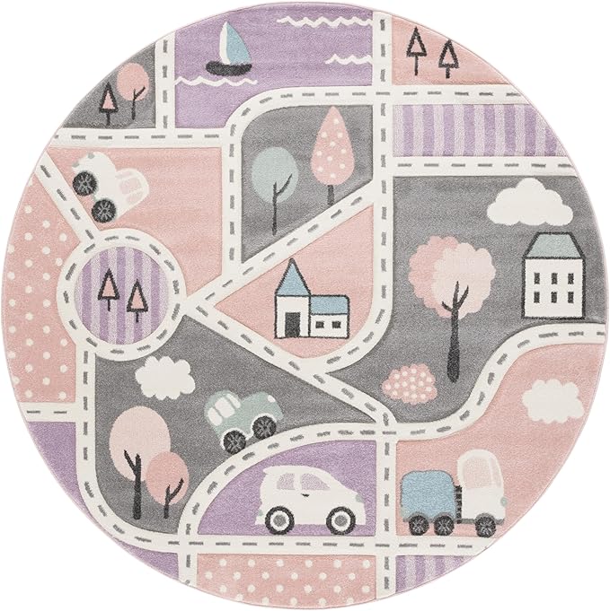 SAFAVIEH Carousel Kids Collection Area Rug - 6'7" Round, Grey & Pink, Non-Shedding & Easy Care, Ideal for High Traffic Areas for Boys & Girls in Playroom, Nursery, Bedroom (CRK193U)