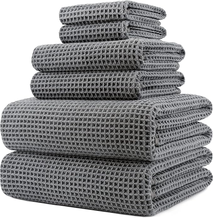 430 GSM Microfiber Quick Dry Lint Free Oversize Bath Towel Set, 6 Piece (Waffle Weave)