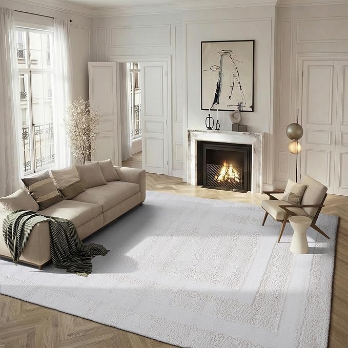 SAFAVIEH Area Rug 8x10 - Florida Shag Collection - Large - Creme & Creme, Border Design, Non-Shedding & Easy Cleaning, Plush Thick Pile, Ideal for Living Room, Bedroom, Dining Space (SG454-1111)