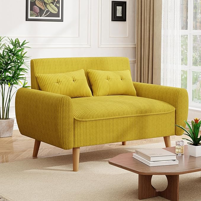 JAMFLY 47'' Small Loveseat Sofa, 2 Seat Compact Couch with Tapered Legs, Yellow Upholstered Furniture, Solid Wood Frame, Comfy Foam Cushion, Easy Assembly for Small Spaces