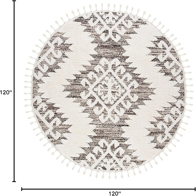 SAFAVIEH Moroccan Tassel Shag Collection Area Rug - 10' Round, Ivory & Brown, Boho Design, Non-Shedding & Easy Care, 2-inch Thick Ideal for High Traffic Areas in Living Room, Bedroom (MTS652A)