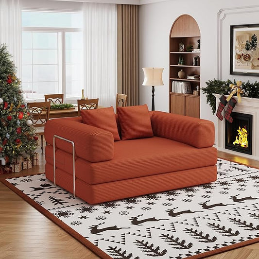 Folding Sofa Bed, 4 in 1 Convertible Sofas to Lounger Comfy Single Bean Bag Chair Floor Portable Foldable Sleeper Lazy Futon Couch Chair for Bedroom, Living Room (Orange, 53.15" Double Sofa)