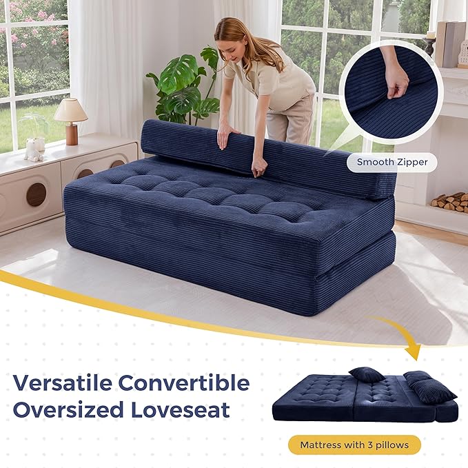 MAXYOYO Folding Sofa Couch, Convertible Floor Sleeper Couch with 3 Pillows, Tufted Floor Oversized Loveseat Couch Tufted Fold Out Chair Bed Comfy Sofa Lounge for Living Room Bedroom, Navy