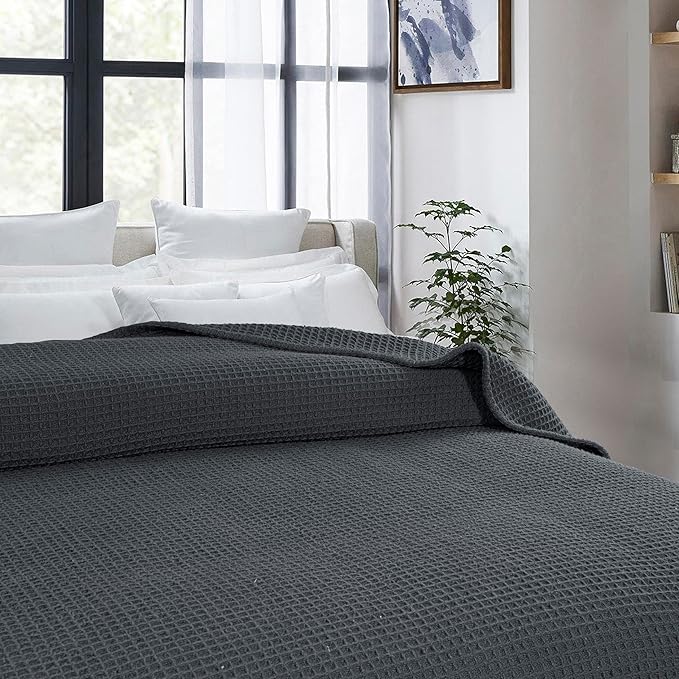Bed & Bath Home Premium 100% Cotton Waffle Weave Blanket King Size – Soft Breathable Lightweight Comfort, Natural All-Season Bed Blanket, Easy-Care Bedspread for Bed & Couch (Grey)