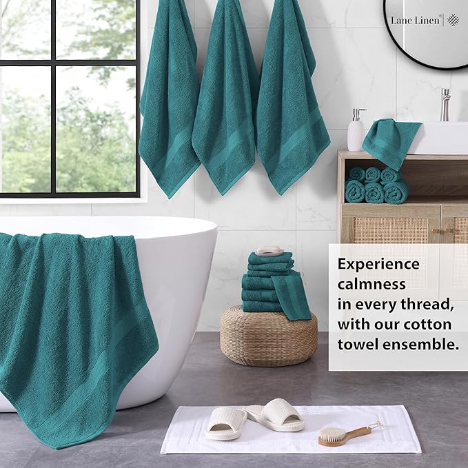 LANE LINEN 100% Cotton Bathroom Towels Set - 18 Piece - Super Soft, Quick Dry & Highly Absorbent - 4 Bath, 8 Washcloth, 6 Hand Towels - Premium Hotel Quality, Ideal for Spa & Salons - Seaport Blue