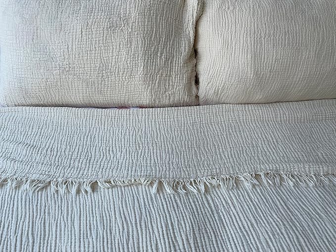 100% Cotton Muslin Throw Blanket, 4 Layers Bedspread, Soft Turkish Cotton Muslin Bed Cover, Reversible Coverlet, Ivory (King Size 95x102-230x260cm)
