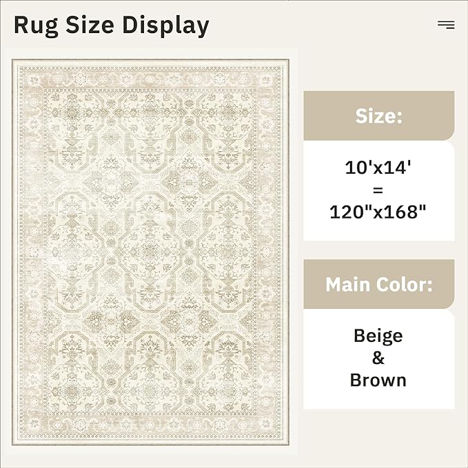 10x14 Area Rugs for Living Room, Non Slip Machine Washable Vintage Rugs, Low Pile Lightweight Large Rug for Bedroom, Dining Room, Home Office Beige/Brown