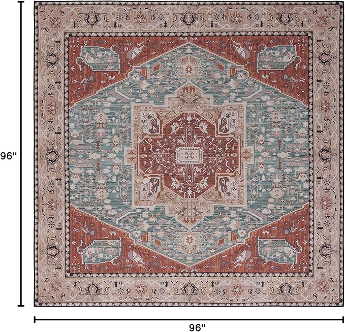 SAFAVIEH Washable Rug Tucson Collection - 8' Square, Aqua & Rust, Slip Resistant & Easy to Clean, Ideal for Living Room, Bedroom, Dining Space (TSN150J)