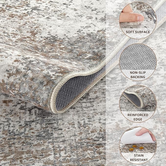 Area Rug Living Room Rugs - 7x9 Abstract Large Soft Indoor Washable Rug Neutral Modern Low Pile Carpet for Bedroom Dining Room Farmhouse Home Office - Brown/Grey/Black