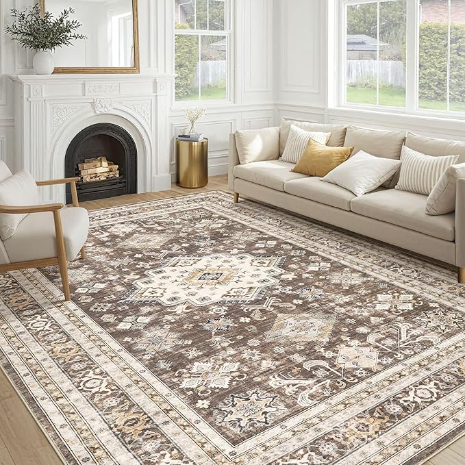 Vintage Living Room Area Rug 8X11 - Large Soft Washable Oriental Traditional Distressed Farmhouse Rugs for Bedroom - Indoor Floor Accent Carpet for Home Office House Decor - Dark Brown