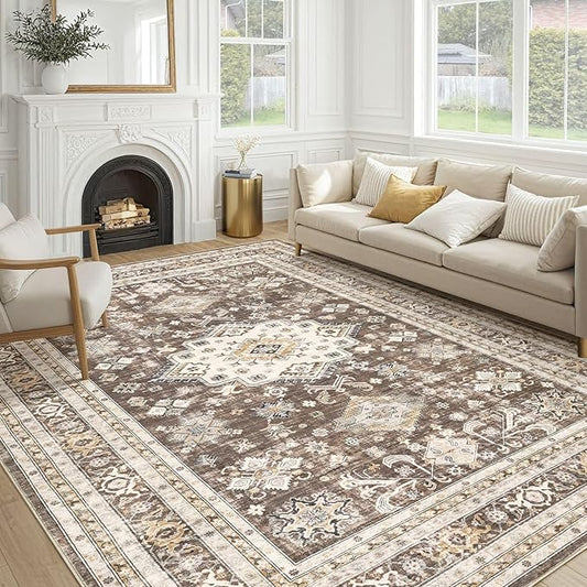 Vintage Living Room Area Rug 8X11 - Large Soft Washable Oriental Traditional Distressed Farmhouse Rugs for Bedroom - Indoor Floor Accent Carpet for Home Office House Decor - Dark Brown
