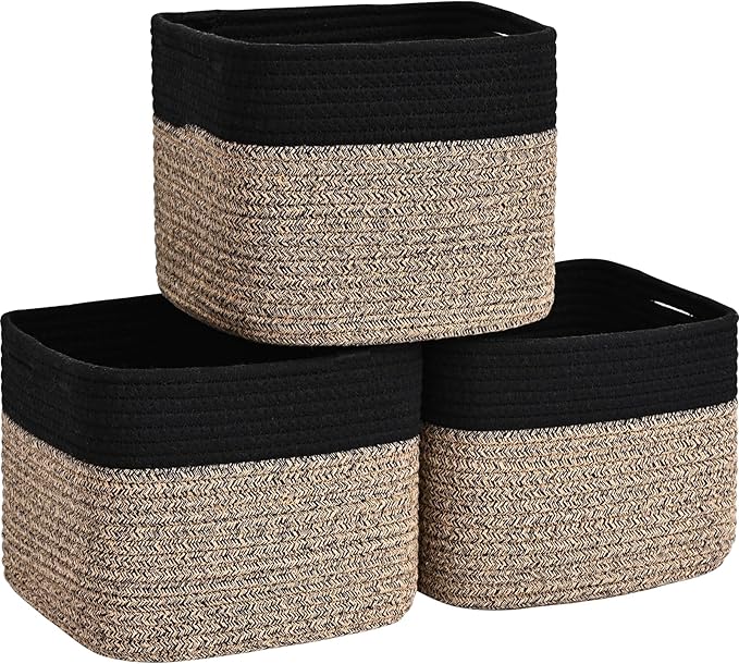 3 Pack Cube Storage Bin, 9”x9”x7” Cotton Rope Woven Baskets for Organizing Toys Clothes Towels, Square Gift Storage Baskets for Shelves, Nursery, Closet, Bathroom, Pantry (Black & Brown)