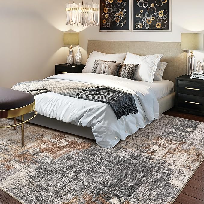 Area Rug Living Room Rugs - 10x13 Washable Large Soft Indoor Neutral Modern Abstract Low Pile Rug Carpet for Bedroom Dining Room Farmhouse Home Office - Grey Brown